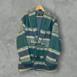 Vintage 80s Eddie Bauer Patterned Blue Green Cream Wool Jacket w Side Pockets